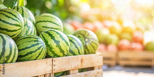 Fresh watermelons in wooden crate at summer farmer market. Green striped melons display. Seasonal harvest for sale. Image for banner, poster, wallpaper with copy space.
