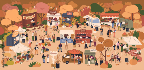 Autumn farmers market. Outdoor fall fair, festival with local farm produce, seasonal food trucks, stalls, tents among trees. Tiny people at shopping in nature landscape. Flat vector illustration