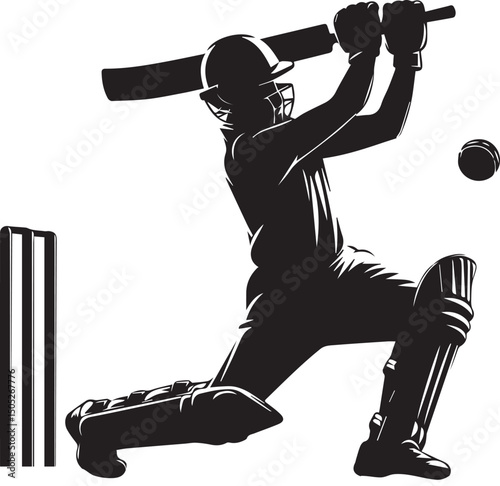 Cricket Batsman Silhouette Vector in Action Pose – Black and White Sports Art