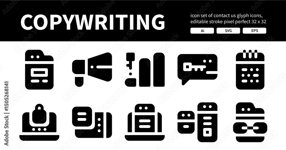 Icon Set of Copywriting Glyph Icons. Contains such Icons as Copywriting, Campaign, Keyword, Chat Bubble etc. Editable Stroke. 32 x 32 Pixel Perfect Icon Set of Copywriting Glyph Icons. Contains such Icons as Copywriting, Campaign, Keyword, Chat Bubble etc. Editable Stroke. 32 x 32 Pixel Perfect