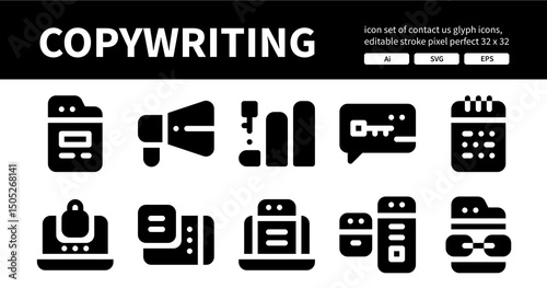 Icon Set of Copywriting Glyph Icons. Contains such Icons as Copywriting, Campaign, Keyword, Chat Bubble etc. Editable Stroke. 32 x 32 Pixel Perfect