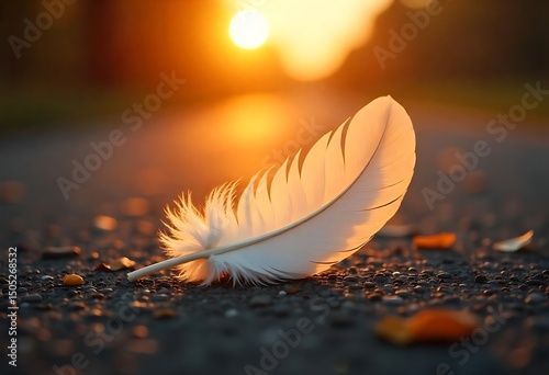 White feather on textured pavement during golden hour, macro close-up, soft light, serene outdoor atmosphere.