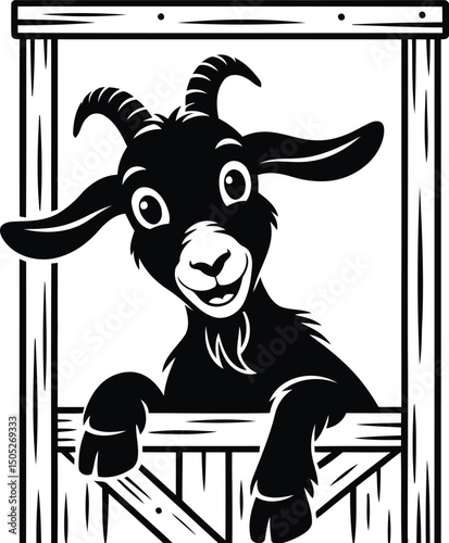 Cartoon Goat Silhouette Vector – Friendly Farm Animal Looking Out from Fence in Black Vector, Transparent Background.
