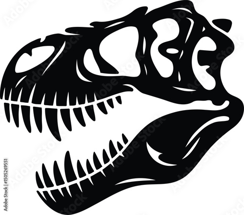 T-Rex Skull Silhouette Vector – Dinosaur Fossil Head in Black Vector, Transparent Background.