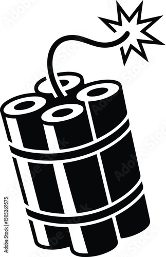 Cartoon Dynamite Bomb Silhouette Vector – Explosive TNT Icon in Black Vector, Transparent Background.