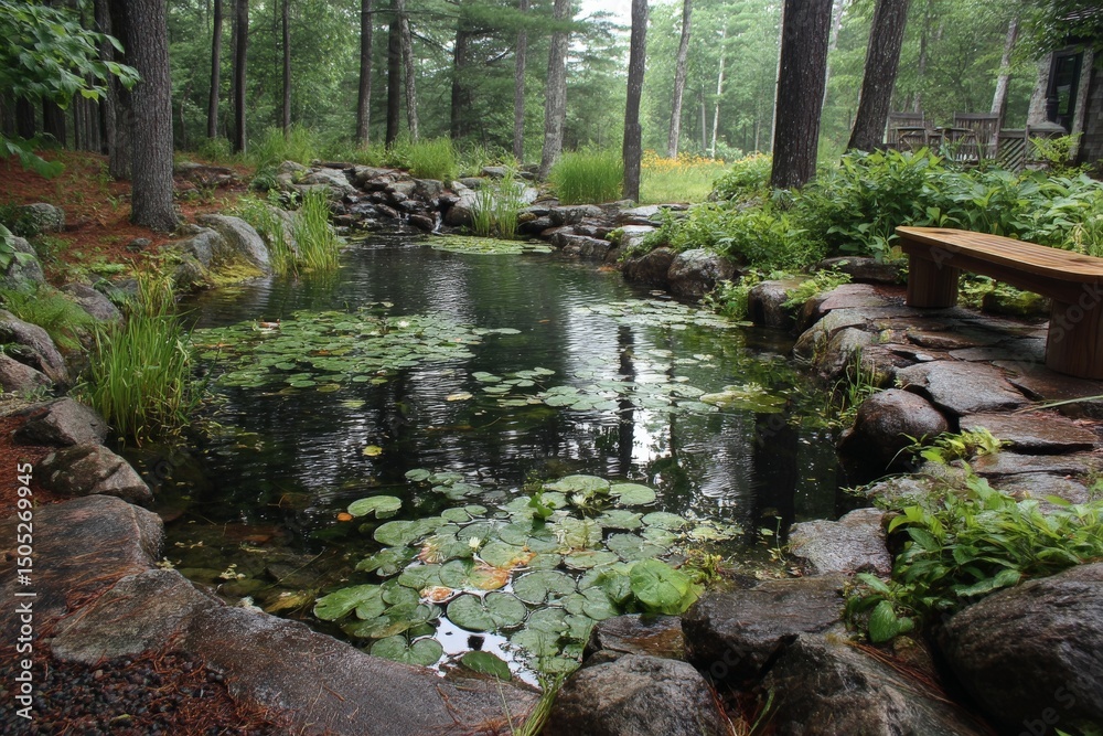 Fototapeta premium Quiet pond surrounded by trees and rocks in a lush green forest during a serene afternoon