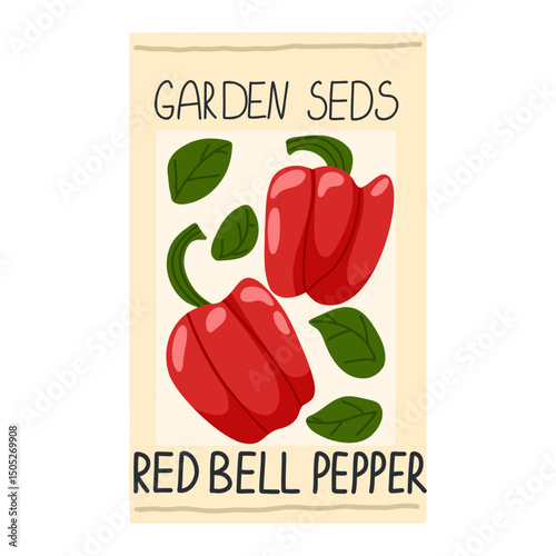 Red bell pepper garden seed package vector illustration. Whole raw pepper image isolated on white background. Ripe vegetable packaging design for home agricultural farm