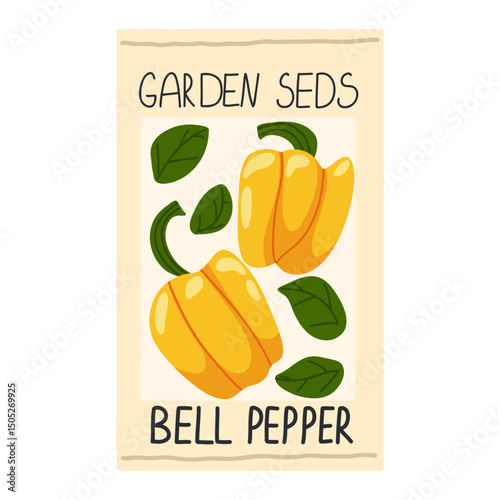 Yellow bell pepper garden seed package vector illustration. Whole raw pepper image isolated on white background. Ripe vegetable packaging design for home agricultural farm