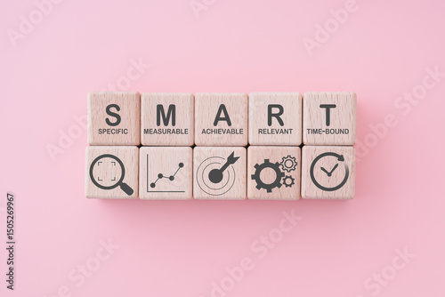 Smart goal for business strategy concept. specific, measurable, achievable, relevant and time-bound text on wooden block with icons on ping background