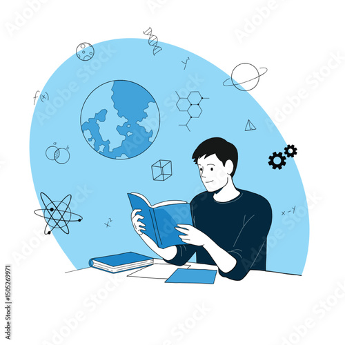 Young Man Studying at Desk with Books