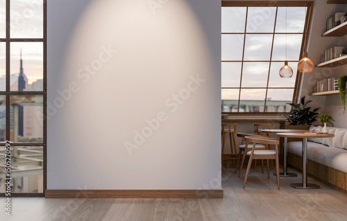 Empty white wall between wooden floor corridor and dining room with stool tables armchairs and sofa.