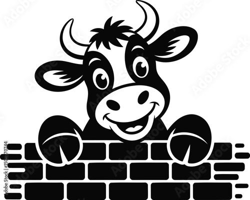 Happy Cartoon Cow Silhouette Vector – Smiling Farm Animal Behind Brick Wall.