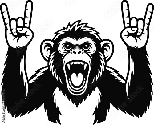 Angry Rock Chimpanzee Silhouette Vector – Screaming Cartoon Monkey with Rock Hand Sign.