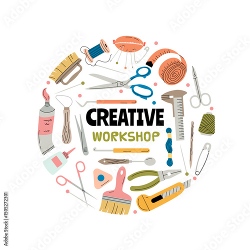 Creative workshop. circle shape background template with different tools for handmade designers