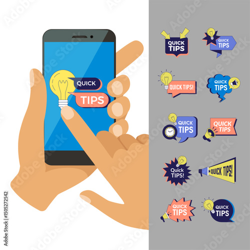 Quick tips. badges collection for smartphones ui. quick tips printing templates