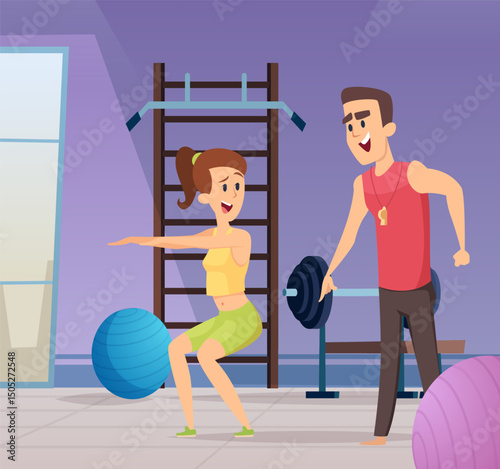 Squats. coach speaking to sport girl in gym or fitness club