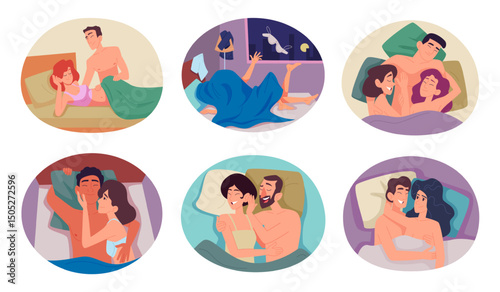 Lovers in bed. Relationship in bed loving couples male and female sleeping together exact vector concept illustrations