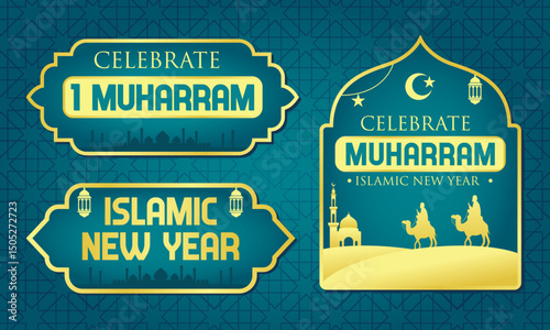 set of Celebrate Muharram and Islamic New Year badges banner