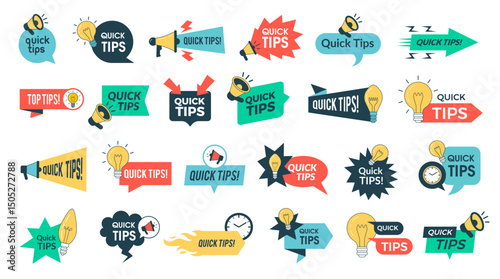 Quick tips. Promo banners in flat style quick tips info buttons design set recent vector template