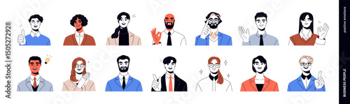 Happy business people avatars set. Smiling male and female office workers portraits with friendly face expressions, positive gestures, emotions. Flat vector illustration isolated on white background