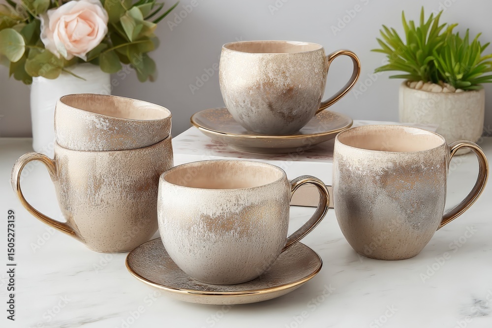 Fototapeta premium Elegant ceramic coffee cups arranged on a marble table with decorative plants in a stylish setting