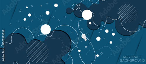 Teal-Toned Abstract Background with Overlapping Blob-Like Forms, White Circles, Curving Lines, Parallel Hashed Accents, Fluid Motion, Layered Depth, Modern Artistic Composition