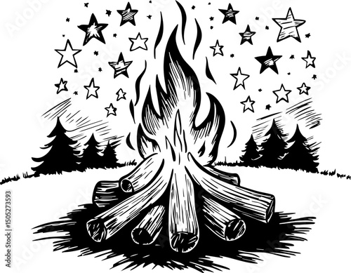 Campfire gathering under stars outdoor nighttime bonfire nature scene cozy atmosphere enjoying friendship relaxing environment