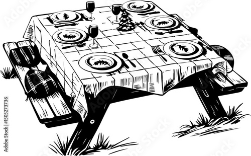 Picnic table setting with plates and glasses outdoor park natural environment top-down view family gathering
