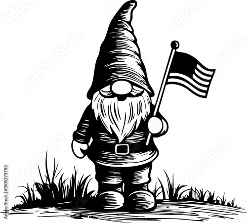 Patriotic gnome holding american flag outdoor garden art whimsical style front view celebration of national pride