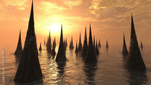 Dark, conical formations rise from a placid body of water at sunset.