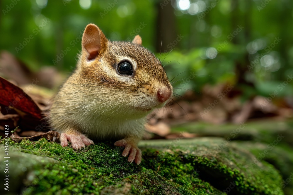 Fototapeta premium Chipmunk exploring the forest floor during a sunny day in spring