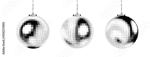 Halftone silver disco balls hanging on white background. Music party collage vector for dance club retro. Mirror texture 3d Elements isolated. Monochrome graphic silver glitter disco balls.