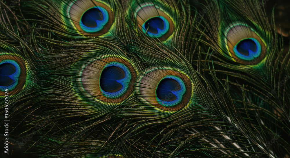 Obraz premium Magnificent peacock feathers display intricate details and vibrant colors in a close-up shot.