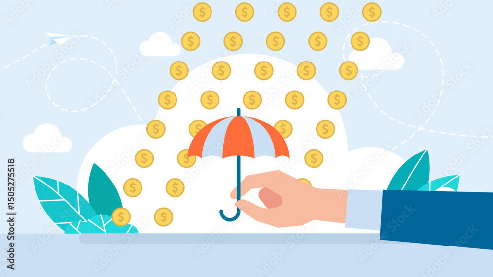 Fototapeta premium Falling money. Hand holding umbrella protecting from golden rain. Person hold umbrella under money rain. Concept of financial profit, wealth, cash income, win. Vector illustration