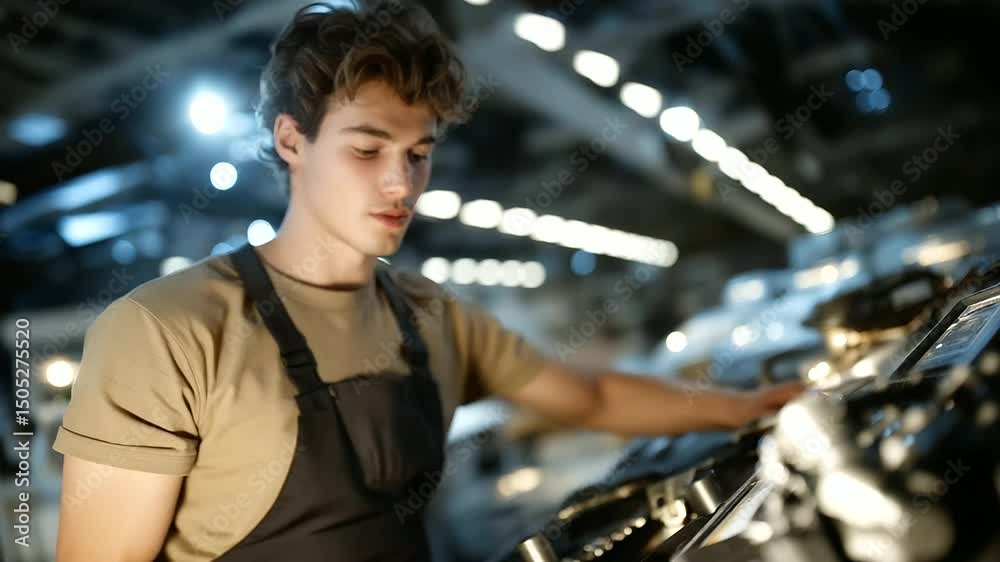 Technician Maintaining Tank Autoloader System in Industrial Hangar