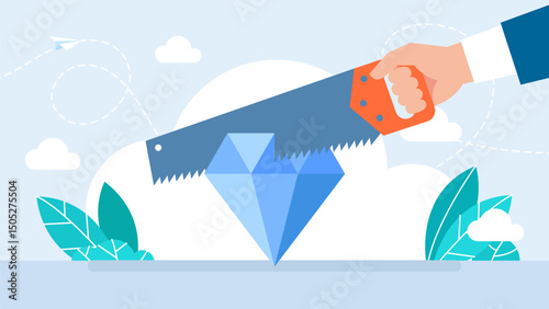 The diamond is sawed through to find a valuable idea. Talent theft. Sawing the diamond. Loan away trap metaphor. Vector illustration.