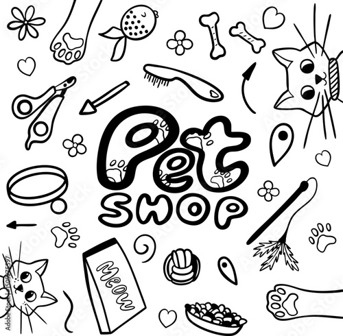 Set of pet shop in doodle style. Hand drawn illustration. Outline drawn. Cats accessories, toys. Vector collection