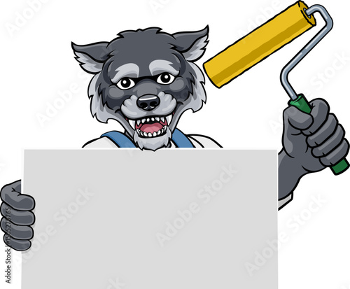 A wolf painter decorator handyman cartoon construction man mascot character holding a paint roller tool