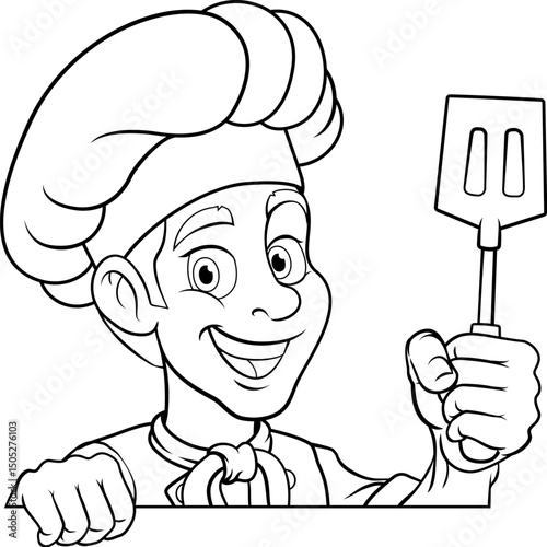 A chef, barbecue cook or baker cartoon food man mascot character holding a spatula and peeking around a sign or menu board with copy space illustration