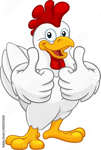 A chicken cartoon rooster cockerel character mascot giving a thumbs up.