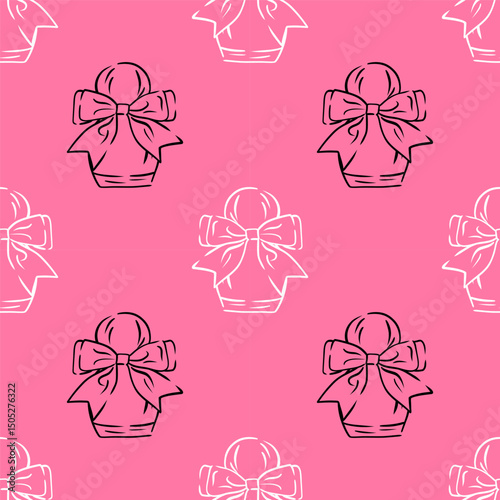 Cosmetic element on pink background. Coquette perfume bottle. Pattern for textiles, packaging, wallpapers, postcards or covers.