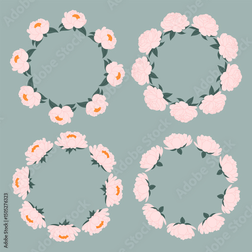 Wallpaper Mural Set round peonies borders for design and decoration. Pink flower frame. For invitations, packaging, spring or summer cards. Torontodigital.ca