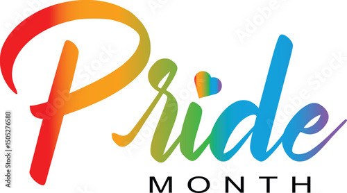 Colorful pride month text design with gradient effect and rainbow heart celebration