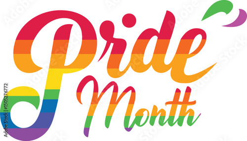 Colorful pride month text in rainbow colors celebrating lgbtq+ community rights and diversity
