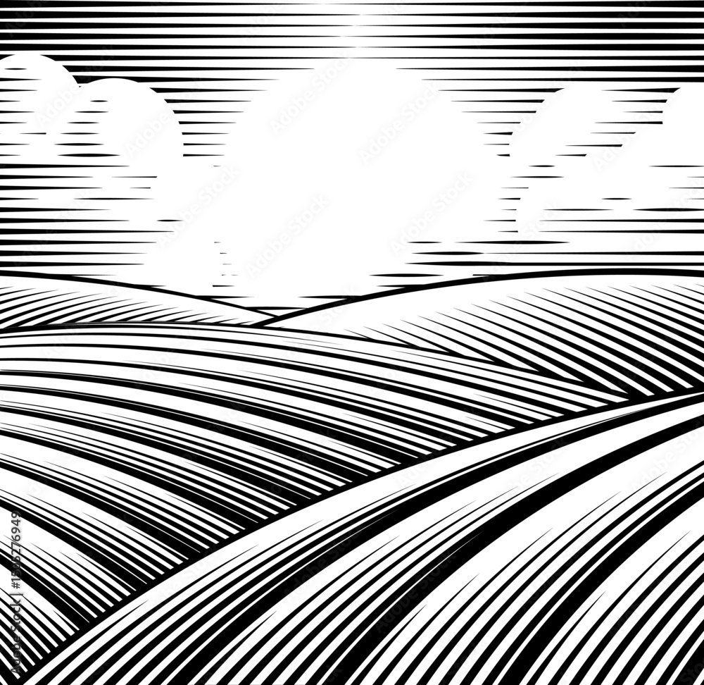 A rolling hills rural landscape drawing in a vintage woodcut style
