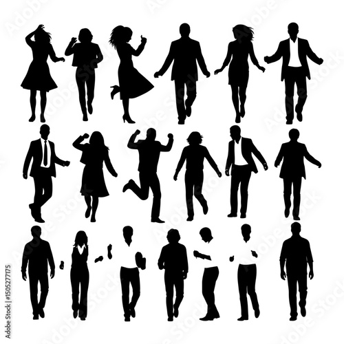 People silhouette vector, dancing, jumping, walking, business, group, human figures, men and women, isolated black outline diverse pose illustration
