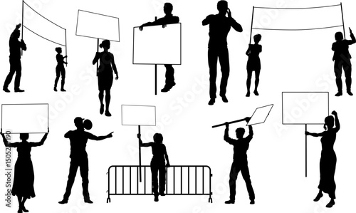 Protestors or demonstrators men and women. At a demonstration march, picketing line or strike protest rally in silhouette. Holding banners, picket signs and megaphone or mega phone.