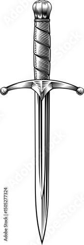 A dagger medieval knightly sword parrying knife in a vintage woodcut engraved etching illustration style