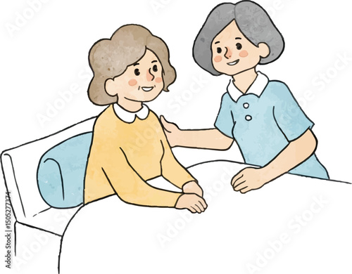 A warm illustration showing a caregiver or family member comforting an elderly woman in bed, conveying empathy, support, and companionship. This image is ideal for themes of elder care, healthcare, ho