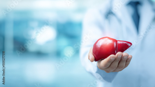 Close-up of a doctor in white coat holding realistic human liver model, symbolizing advanced medical care and liver treatment. Healthcare professional demonstrating organ anatomy for education or surg